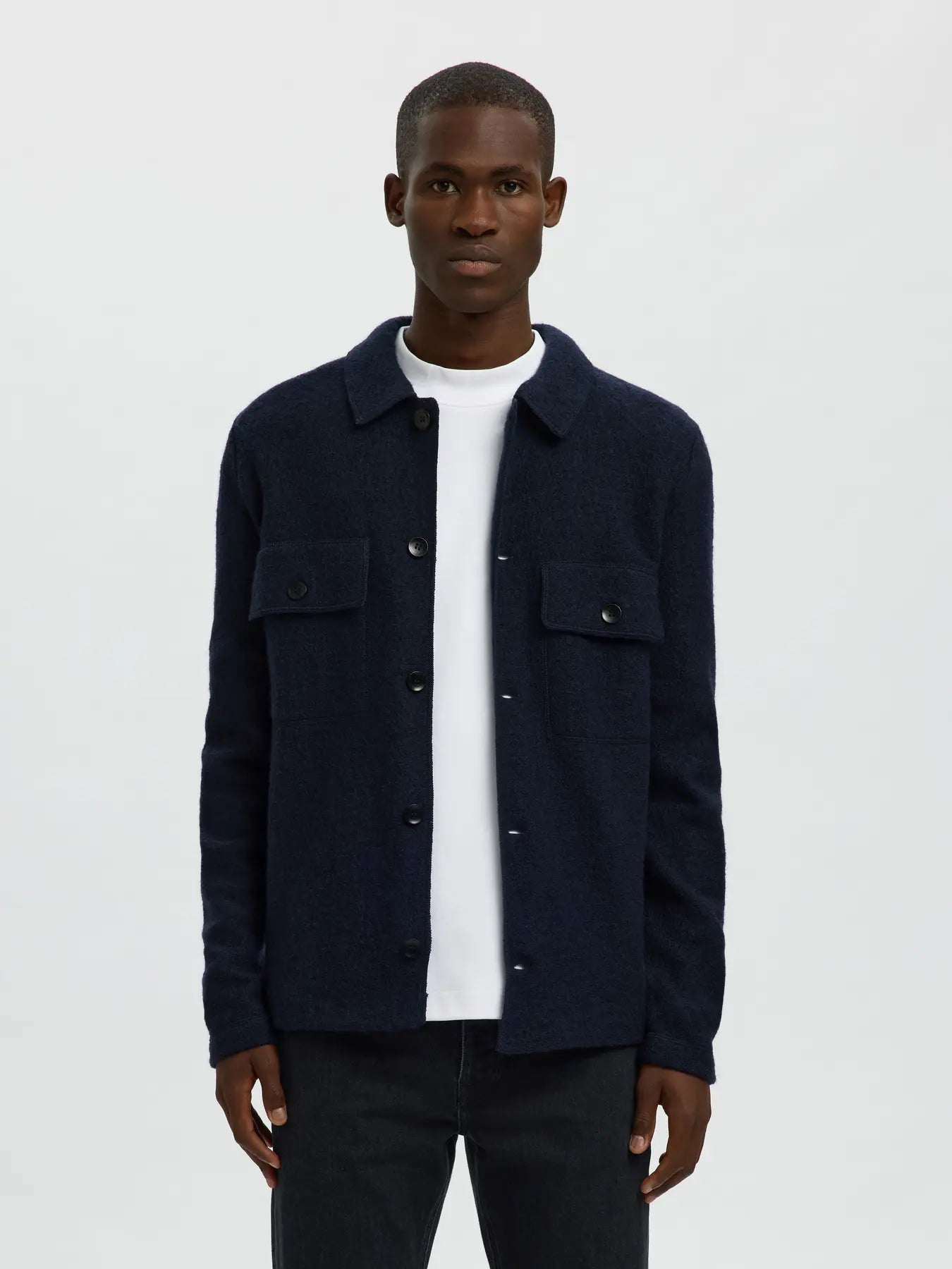overskirt selected homme nealy ls knit workwear cardigan överskjorta sky captain navy blue blå knappar
