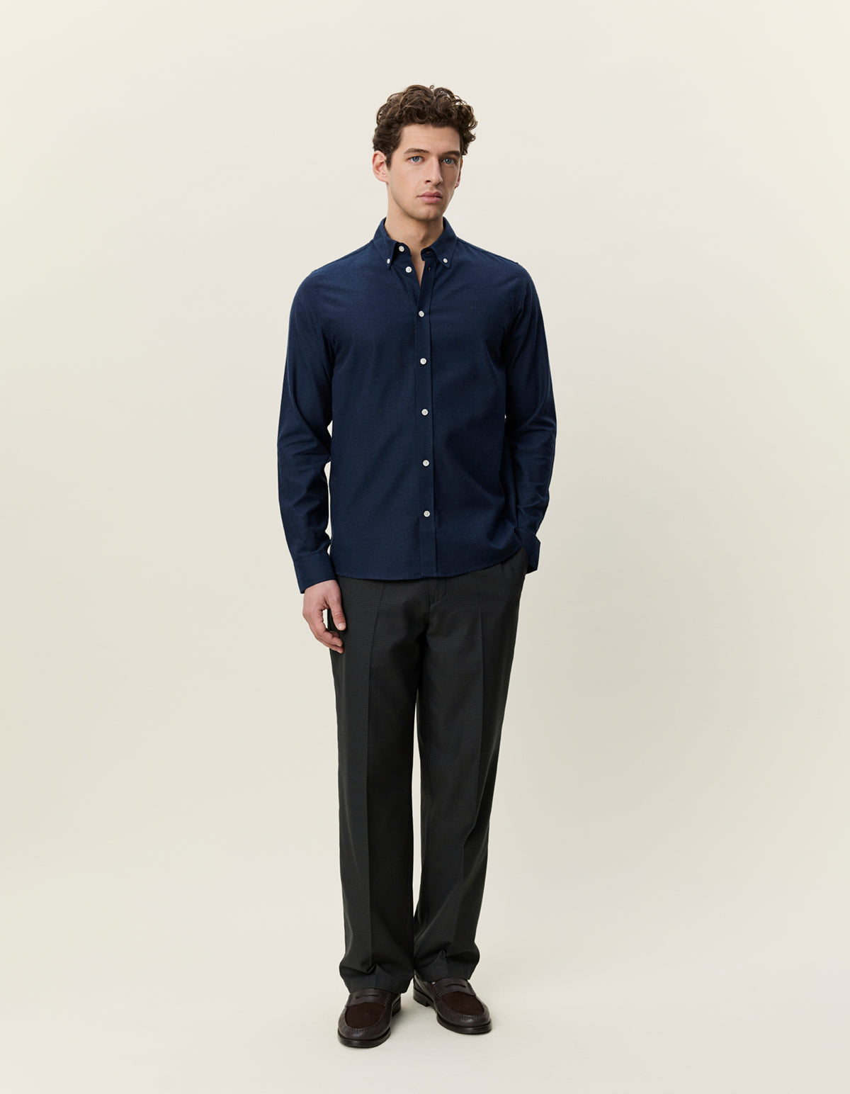 skjorta shirt les deux soft flannel shirt bomull button down krage dark navy blå blue fri frakt stenungsund