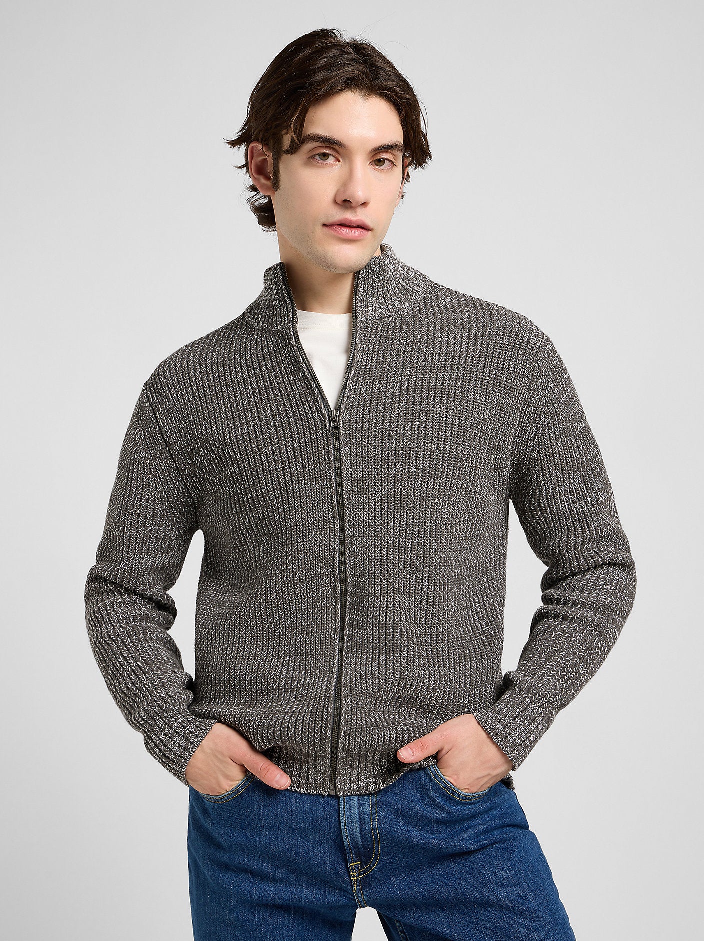 cardigan tröja lee leejeans cardigan zip dragkedja smoke grey grå stickad knit sweater