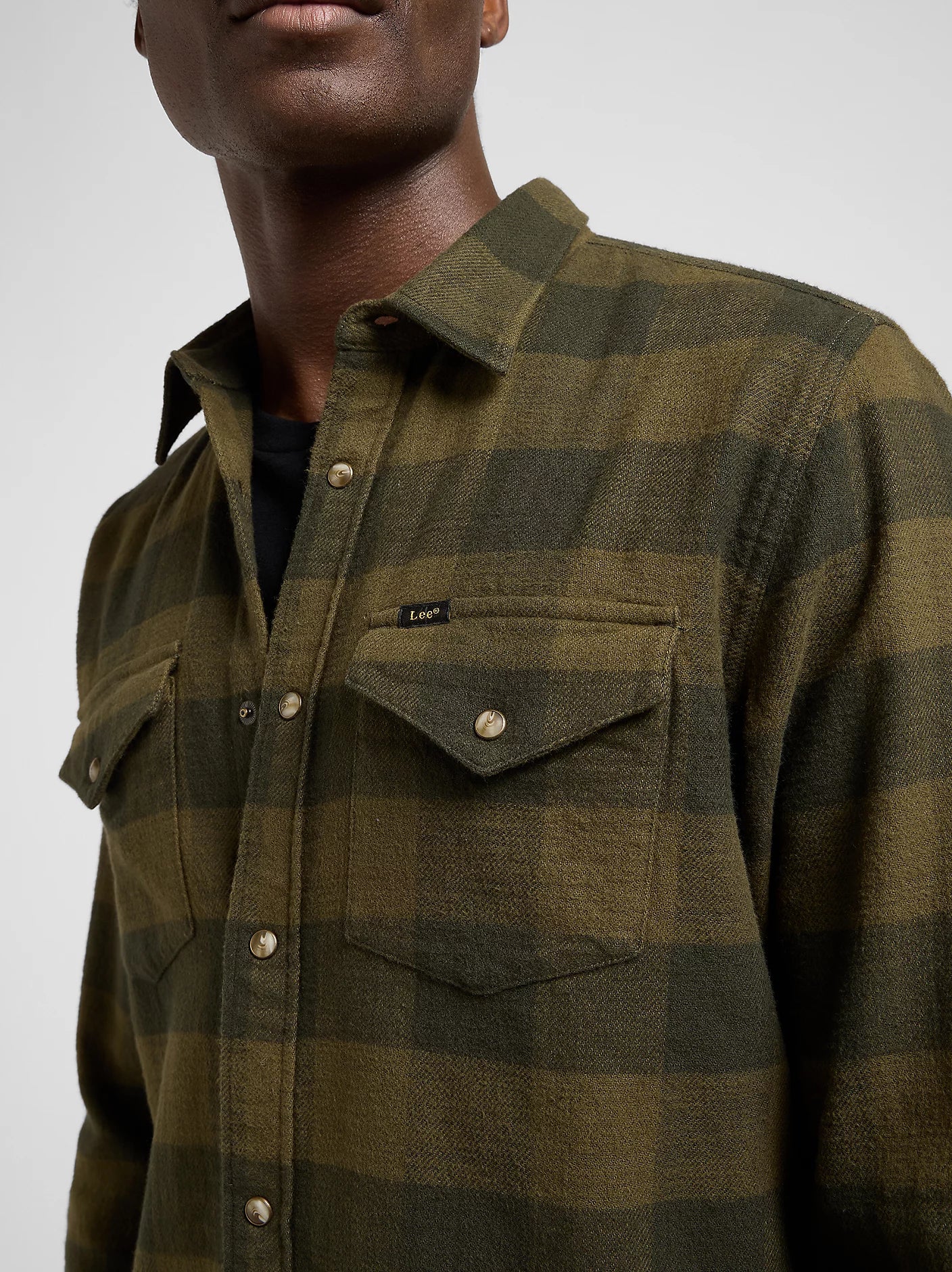 skjorta lee clean western shirt army green grön rutig bröstficka leejeans