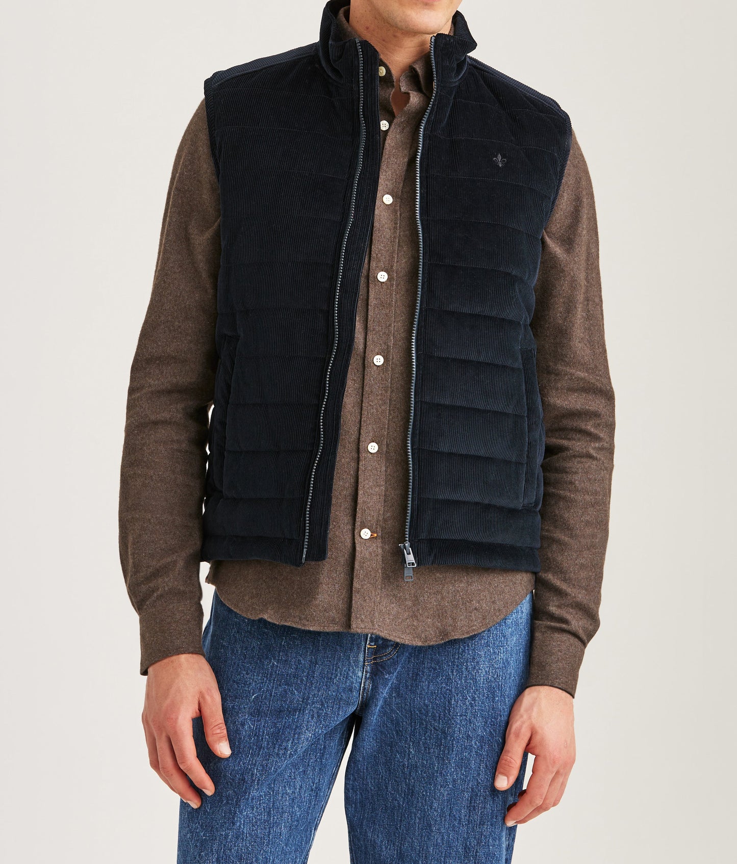 väst morris ted vest quilted cord manchestertyg dragkedja blå blue navy