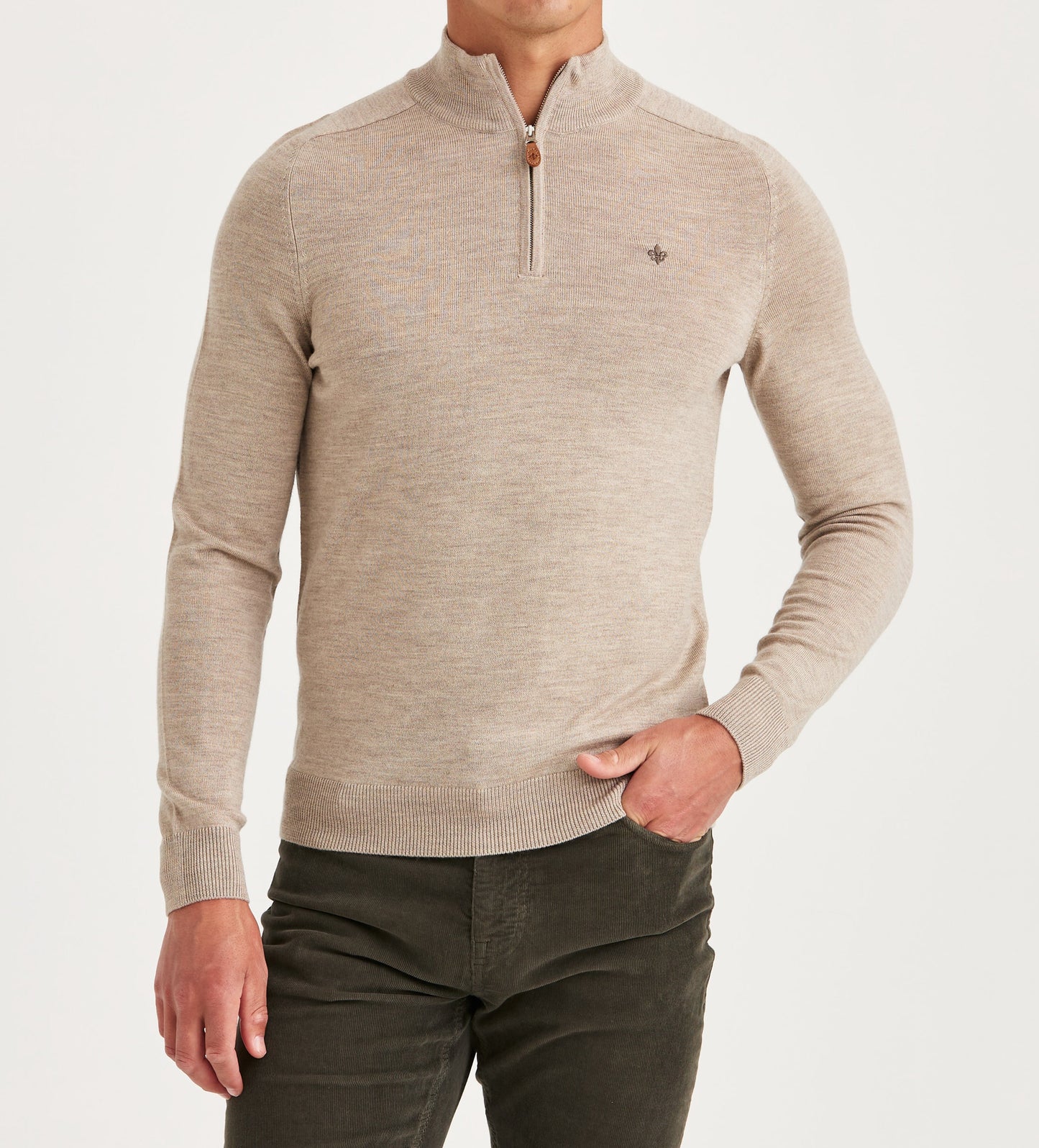 tröja morris merino mohn zip ull dragkedja sweater halfzip olive khaki sand beige