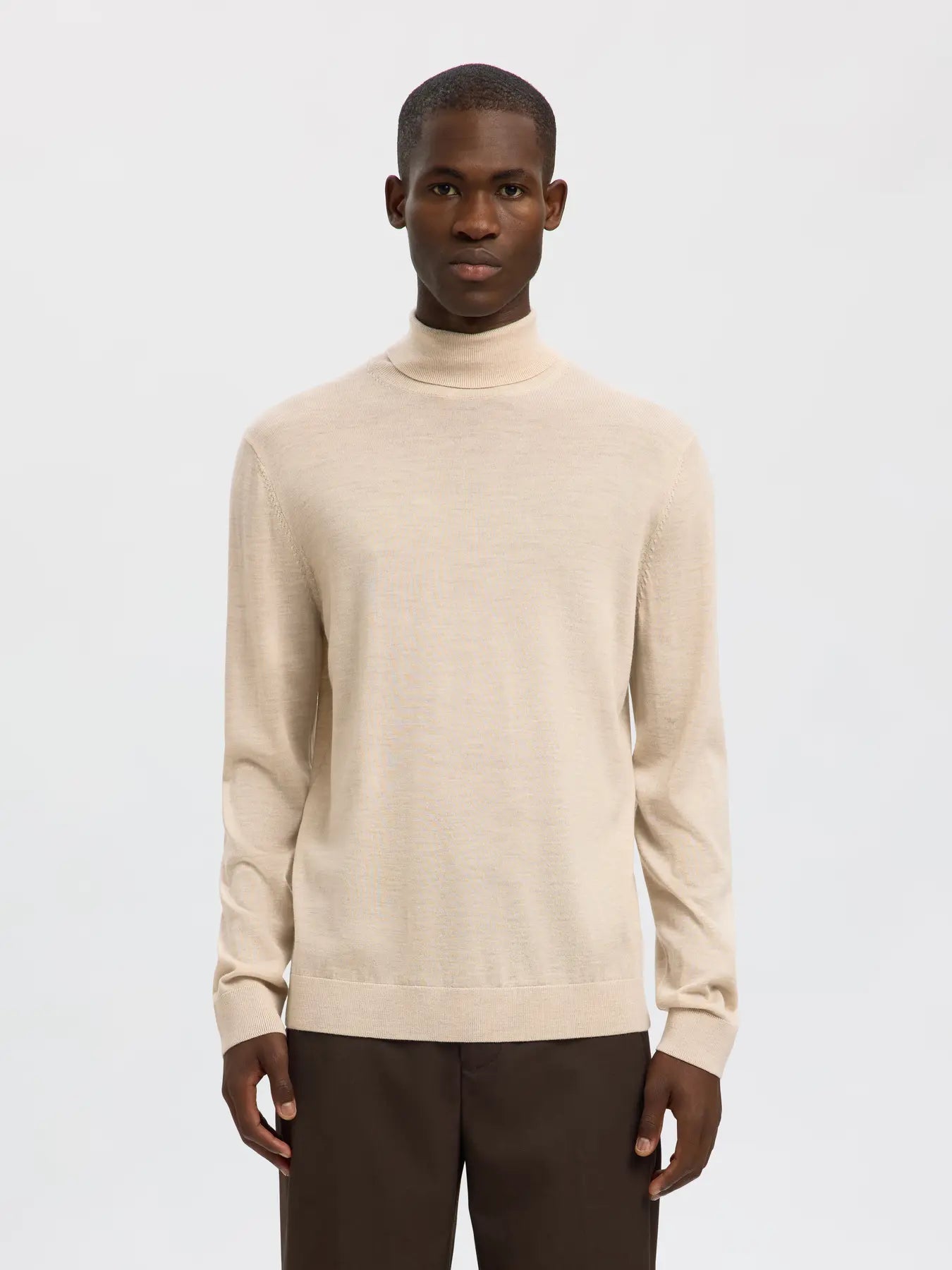 tray ls knit merino roll neck selected homme polotröja ull merinoull oatmeal sand beige