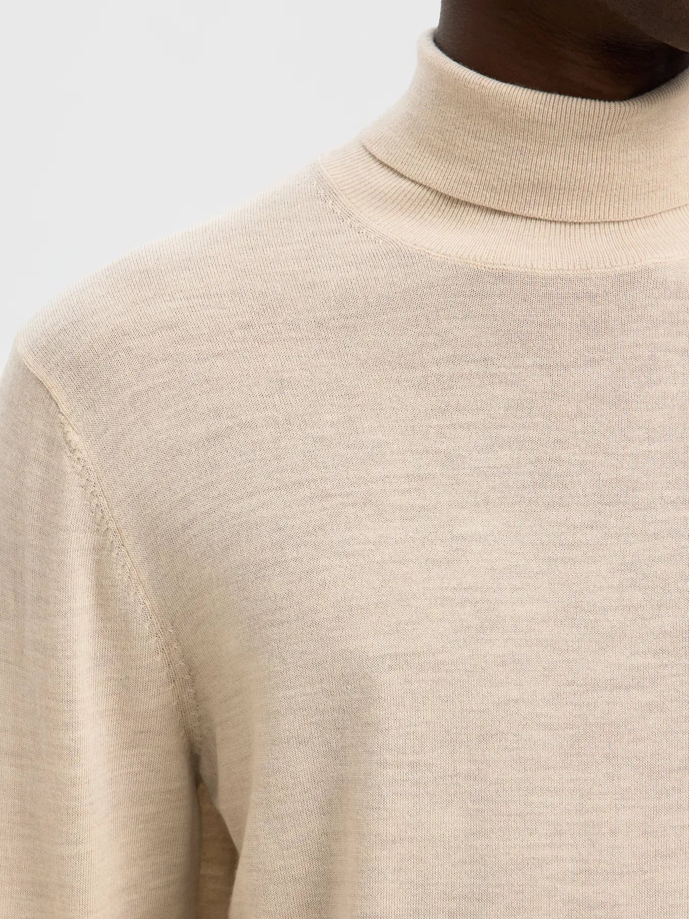 tray ls knit merino roll neck selected homme polotröja ull merinoull oatmeal sand beige