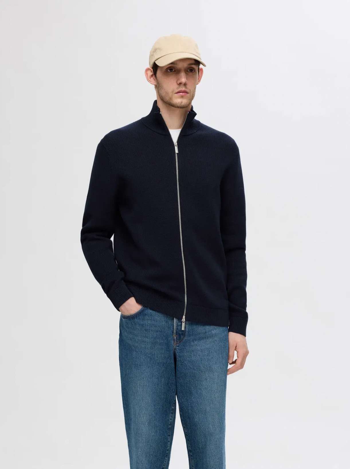 dane ls knit structure full zip selected homme tröja cardigan dragkedja bomull sky captain navy blue blå