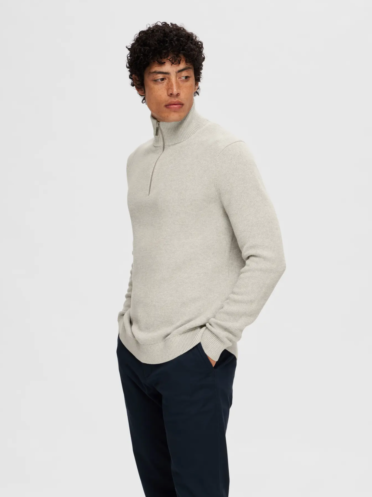 dane ls knit structure half zip selected homme tröja knitwear krage dragkedja bomull light grey grå ljusgrå