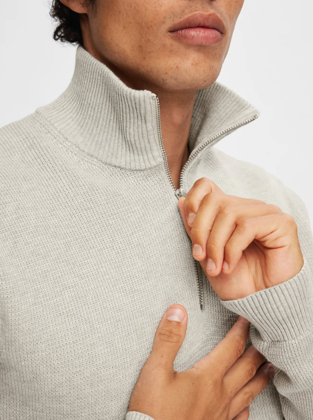 dane ls knit structure half zip selected homme tröja knitwear krage dragkedja bomull light grey grå ljusgrå