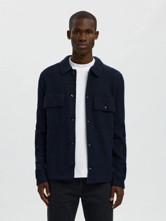 overskirt selected homme nealy ls knit workwear cardigan överskjorta sky captain navy blue blå knappar