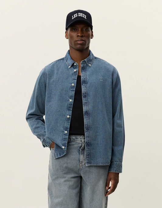 skjorta les deux jeans skjorta denim shirt konrad indigo button down bomull