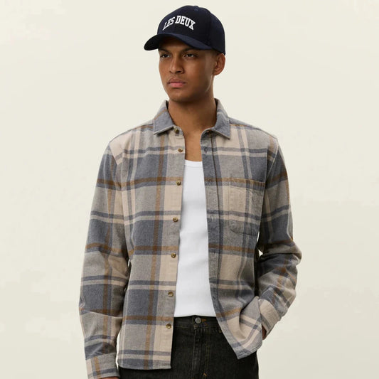 overshirt les deux jeremy överskjorta flanell rutig bomull bröstficka grey melange grå