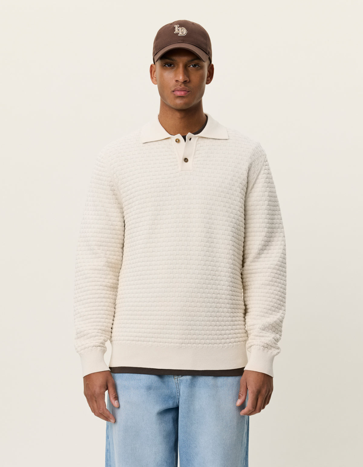 tröja sweater les deux billy weave knitted ls polo krage stickad struktur light ivory white vit