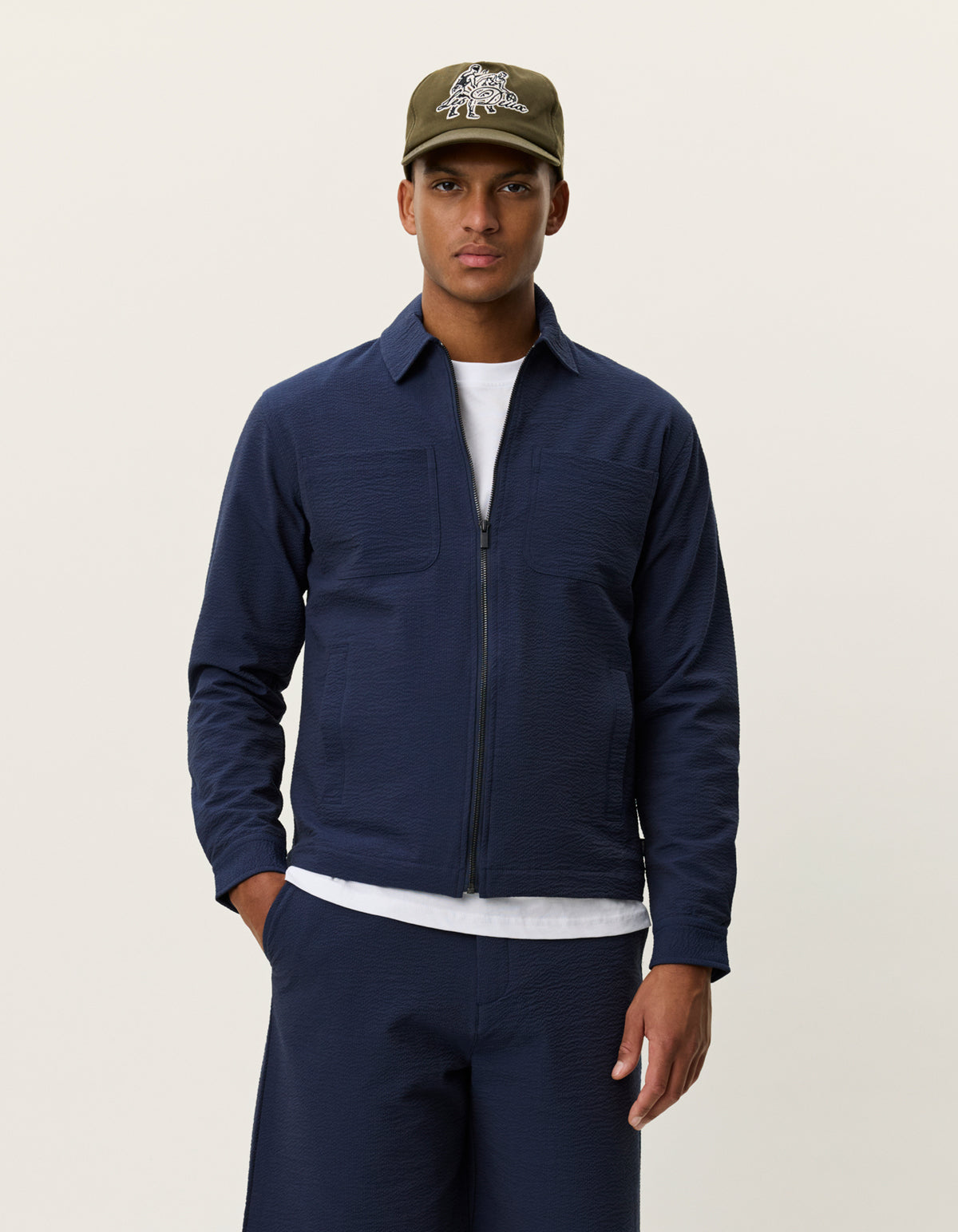 overshirt jacka skjorta les deux marseille seersucker zipper jacket dark navy blue blå vårjacka