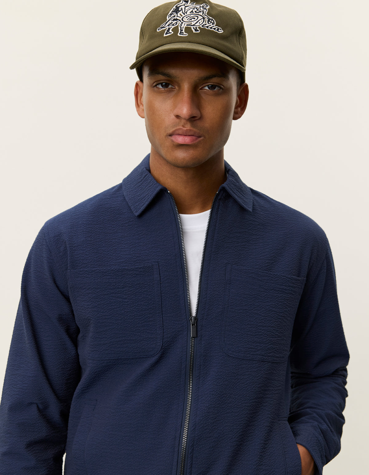 overshirt jacka skjorta les deux marseille seersucker zipper jacket dark navy blue blå vårjacka