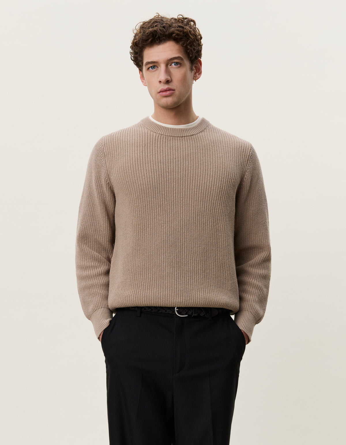 tröja sweater les deux rib crewneck knit dark sand beige fri frakt stenungsund