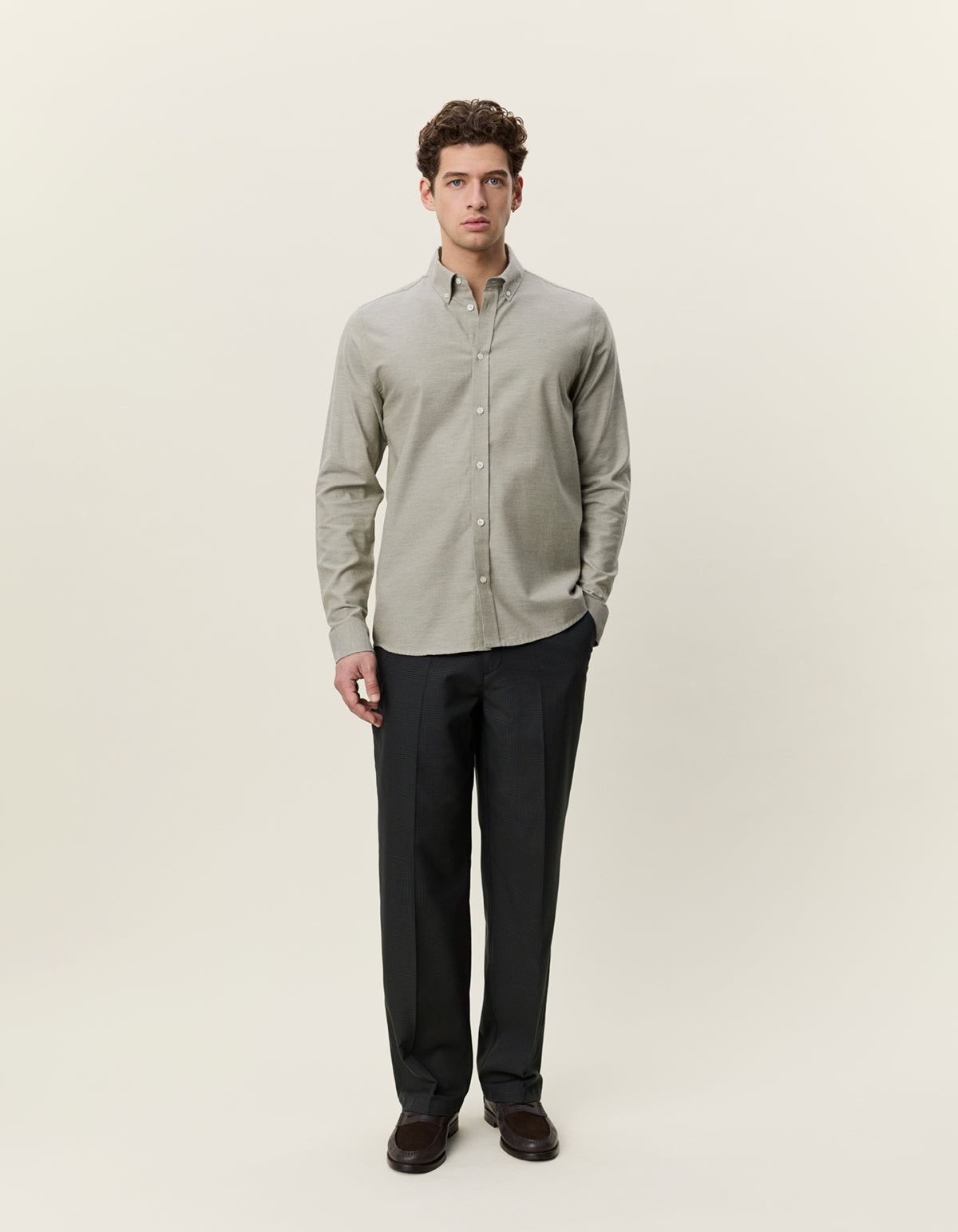 skjorta shirt les deux soft flannel shirt bomull button down krage laurel oak sand green grön fri frakt stenungsund