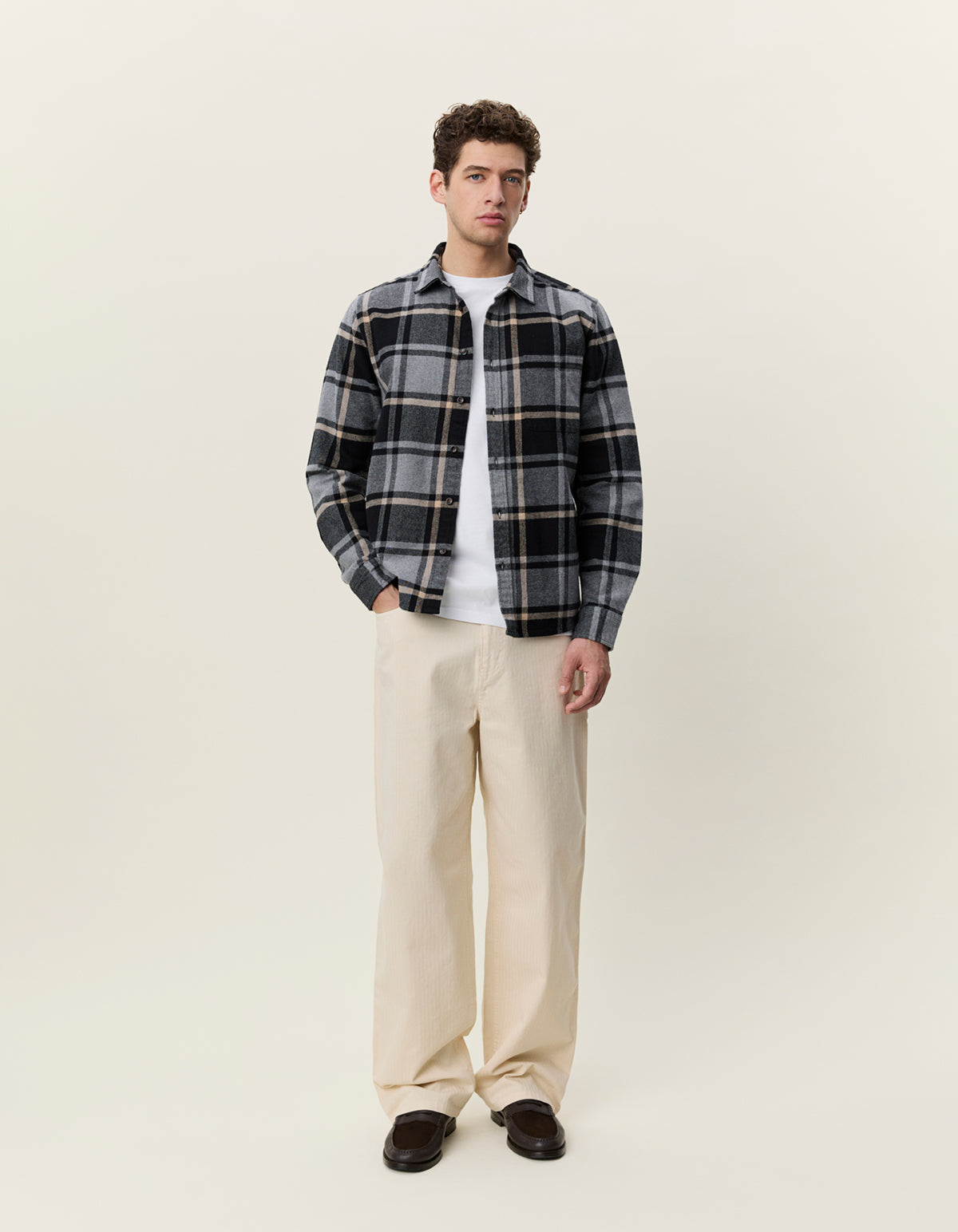 skjorta overshirt les deux shirt check flannel shirt rutig randig grey melange grå fri frakt stenungsund