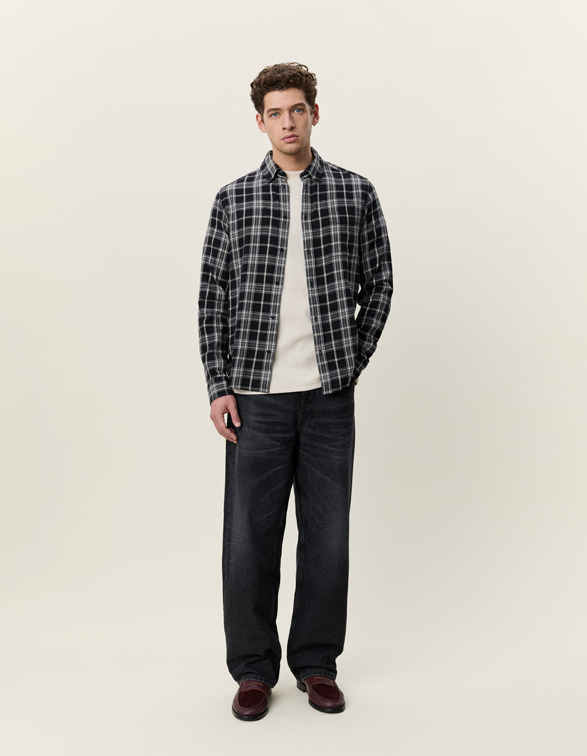 skjorta shirt les deux vintage check shirt rutig randig button down krage black svart fri frakt stenungsund