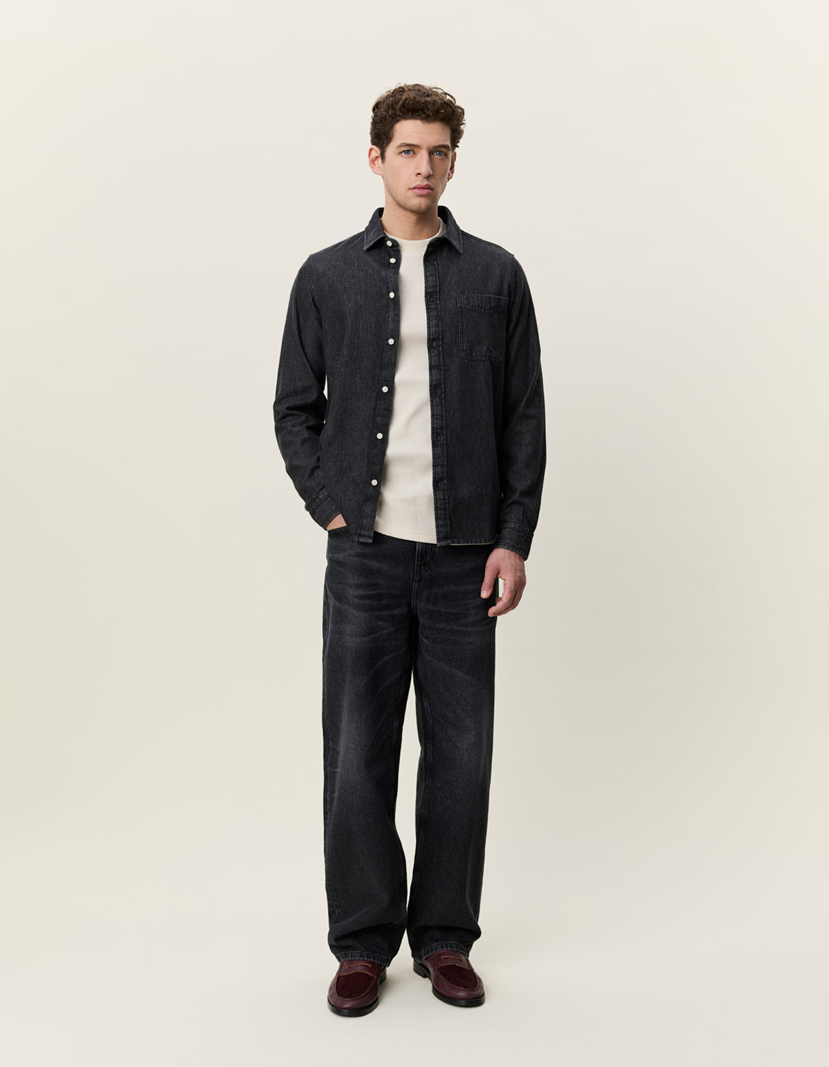 skjorta shirt les deux denim shirt washed denim black svart button down krage bröstficka grey black fri frakt stenungsund