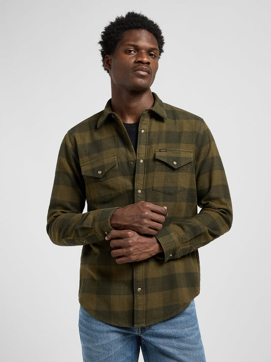 skjorta lee clean western shirt army green grön rutig bröstficka leejeans