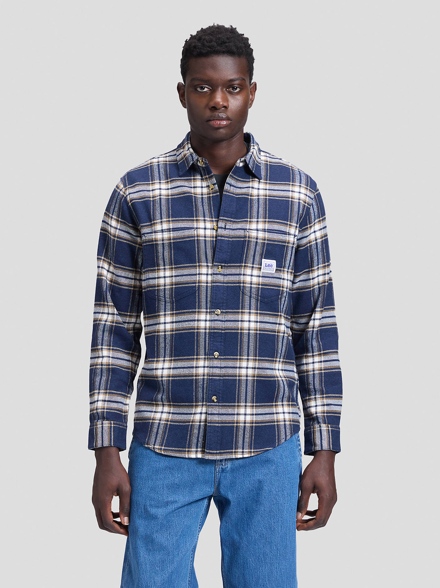 skjorta shirt lee leejeans workwear shirt rutig randig bröstfickor insignia blue navy blå fri frakt stenungsund