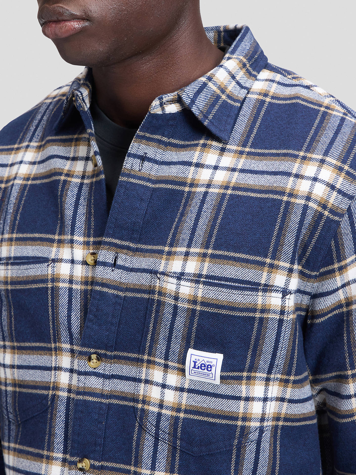 skjorta shirt lee leejeans workwear shirt rutig randig bröstfickor insignia blue navy blå fri frakt stenungsund
