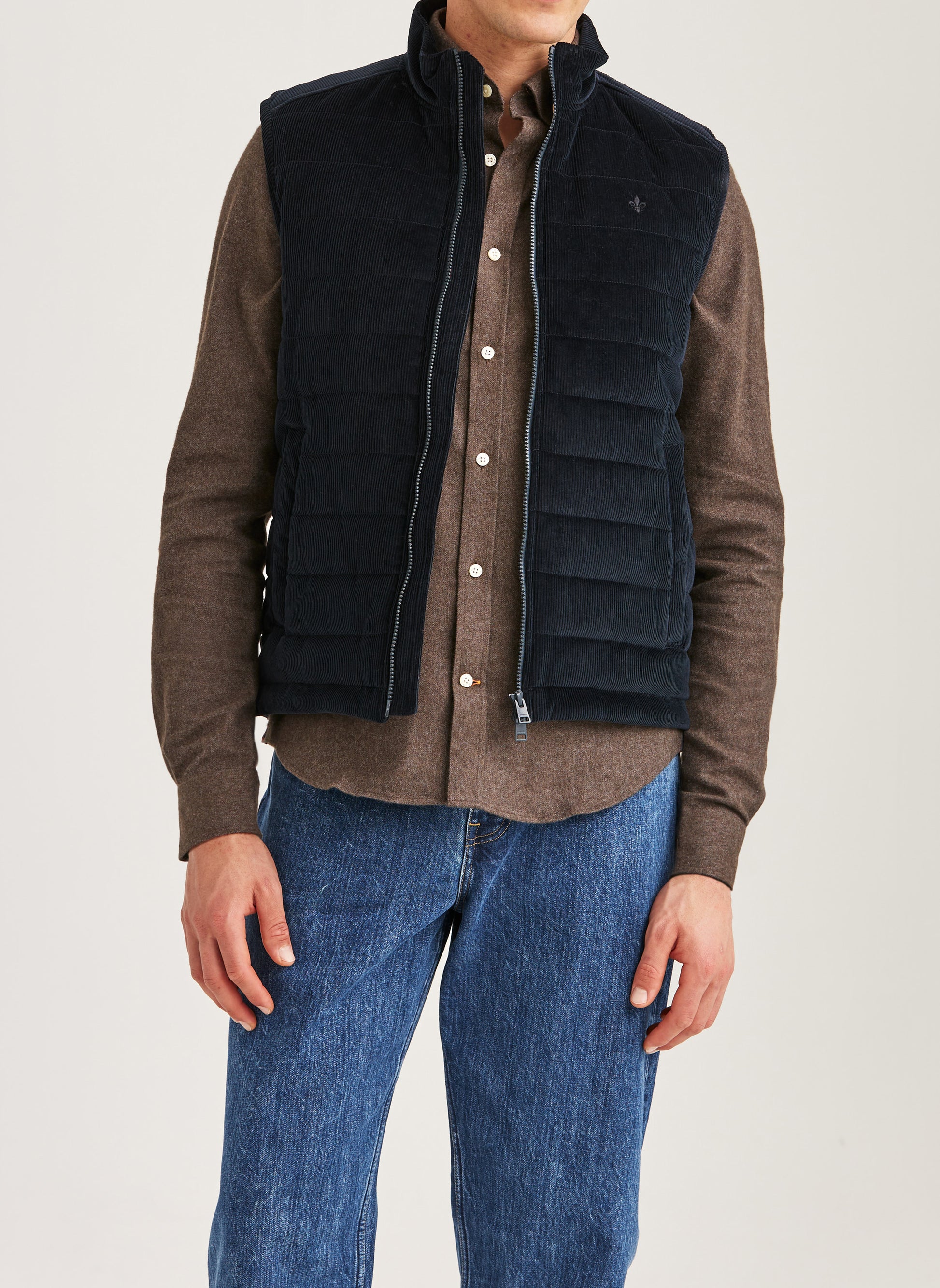 väst morris ted vest quilted cord manchestertyg dragkedja blå blue navy