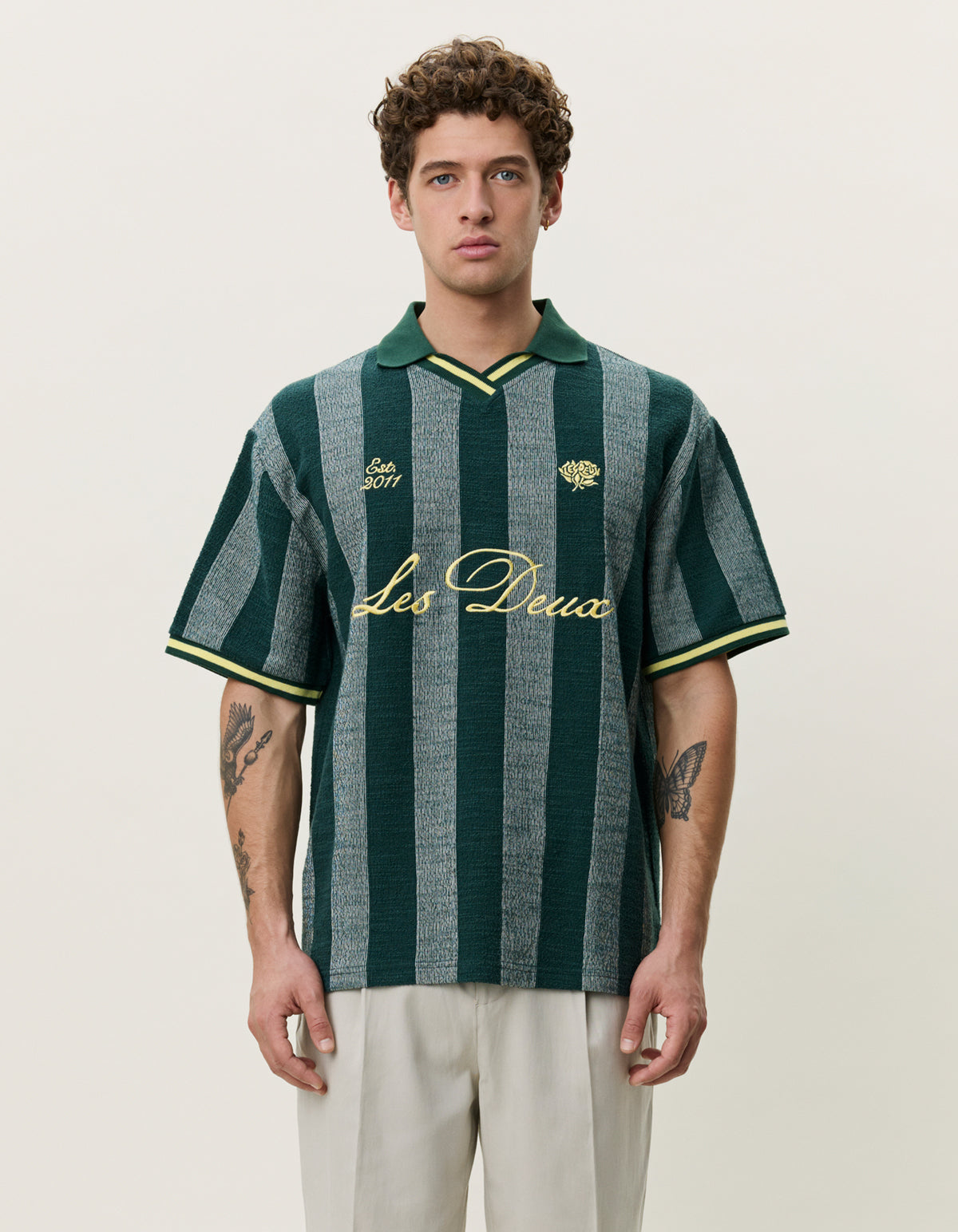 stripe jacquard football jersey les deux lesdeux tröja t-shirt pikè fotbollströja pine green grön