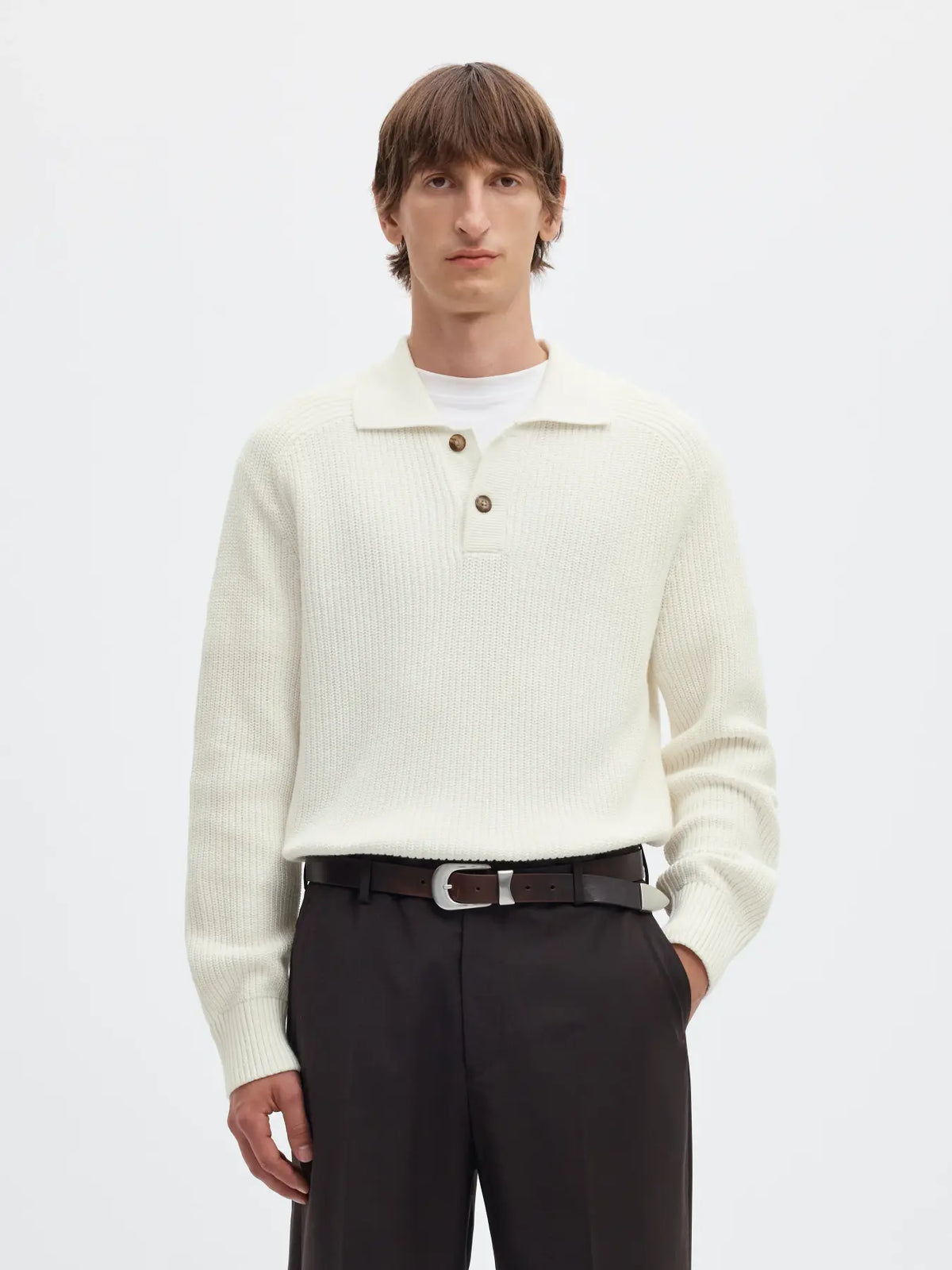 tröja selected homme pim ls knit polo camp krage stickad sweater egret white vit fri frakt stenungsund