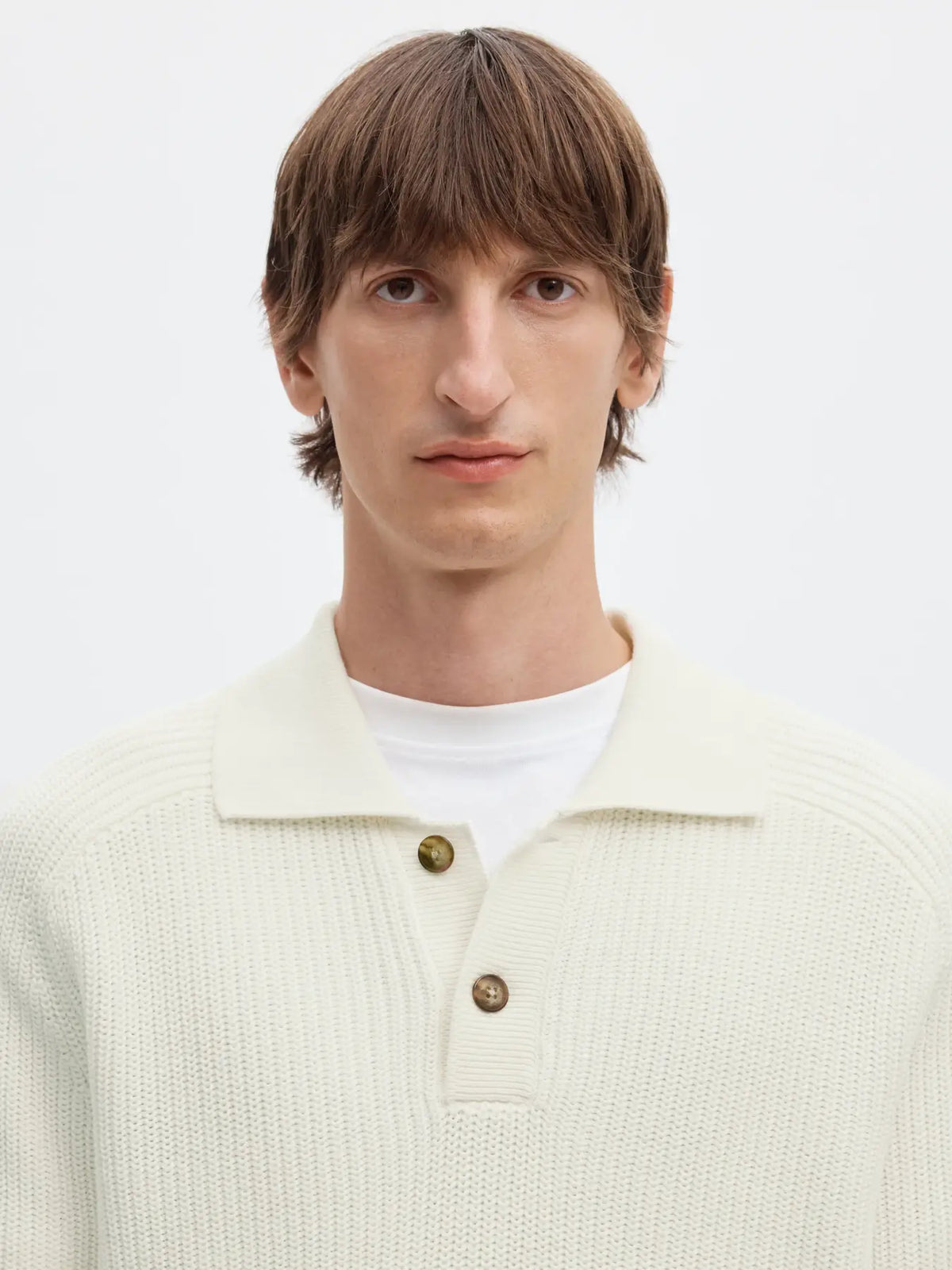 tröja selected homme pim ls knit polo camp krage stickad sweater egret white vit fri frakt stenungsund