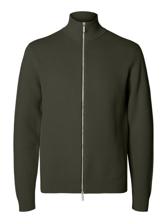 dane ls knit structure full zip selected homme tröja cardigan dragkedja bomull forest night green grön