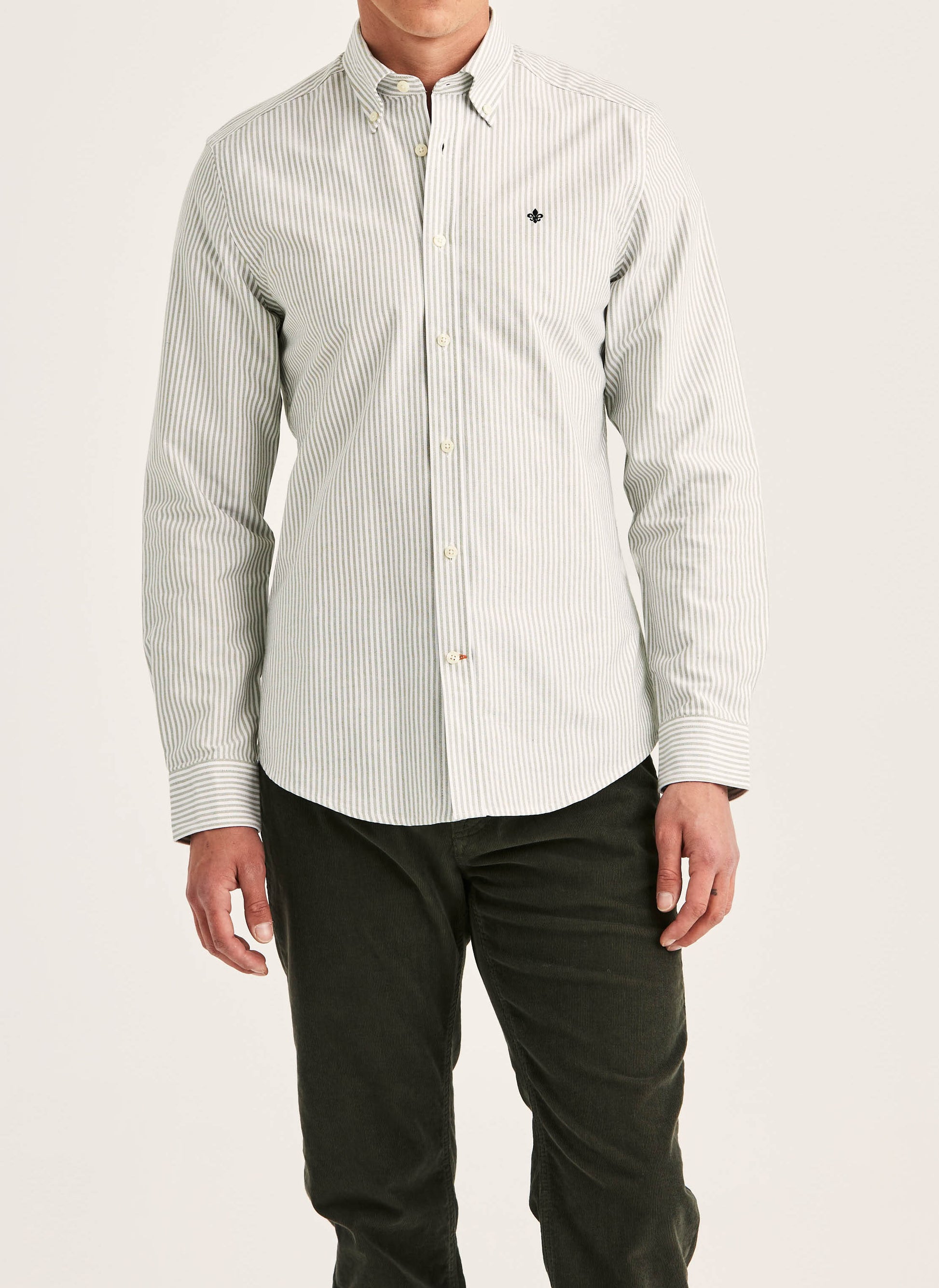 skjorta shirt morris douglas oxford stripe randig button down bomull olive green grön white vit fri frakt stenungsund