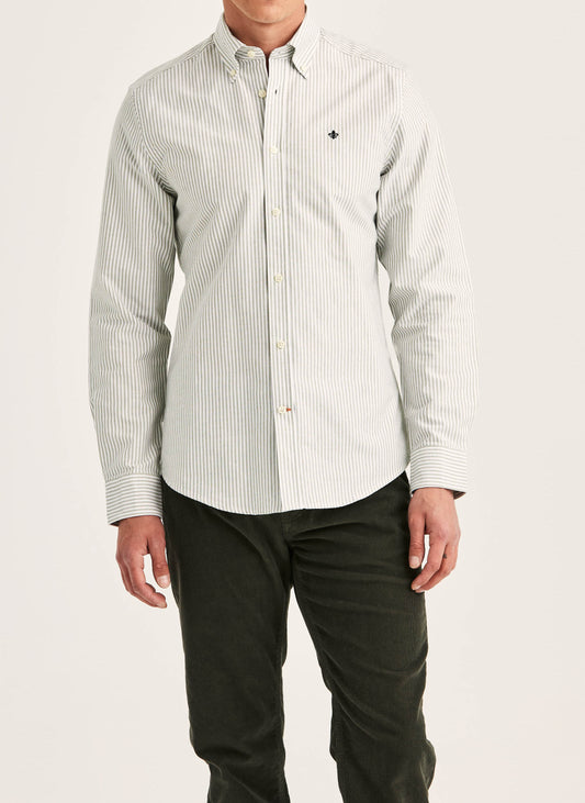 skjorta shirt morris douglas oxford stripe randig button down bomull olive green grön white vit fri frakt stenungsund