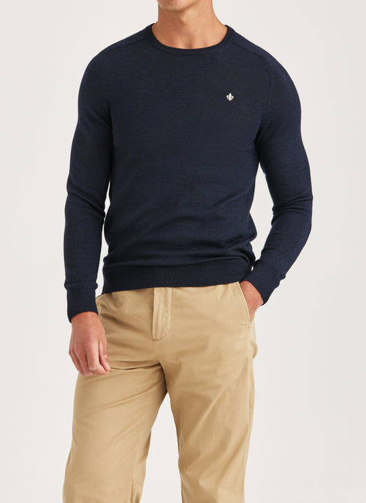 tröja morris merino oneck knit sweater ull navy blue blå