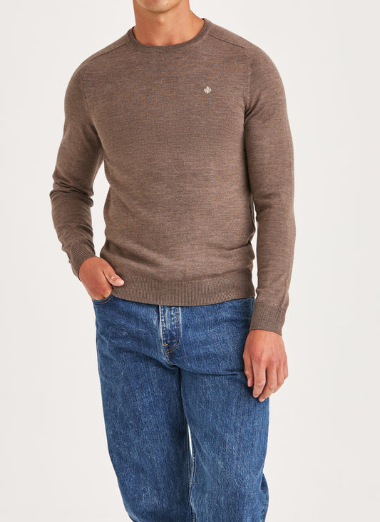 tröja morris merino oneck knit sweater ull brown brun