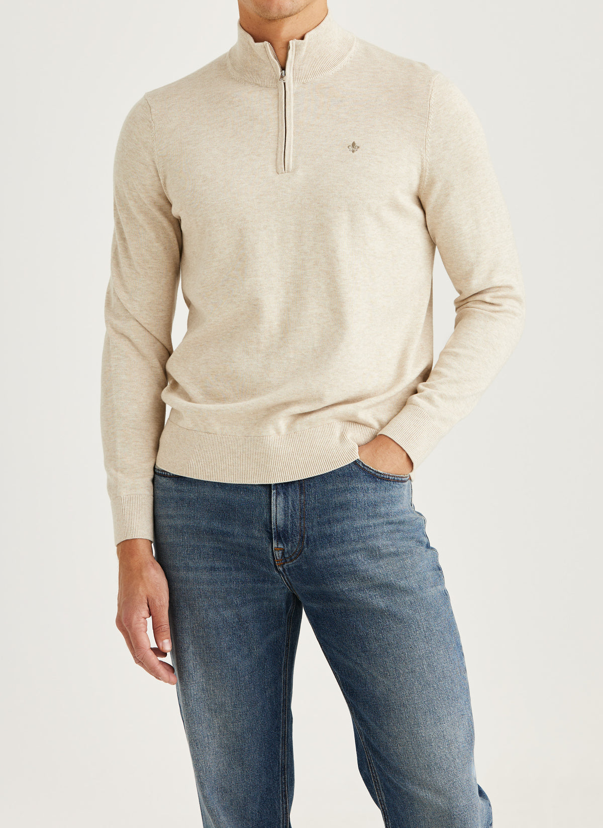 tröja knit riley half zip morris dragkedja krage sweater bomull khaki sand beige