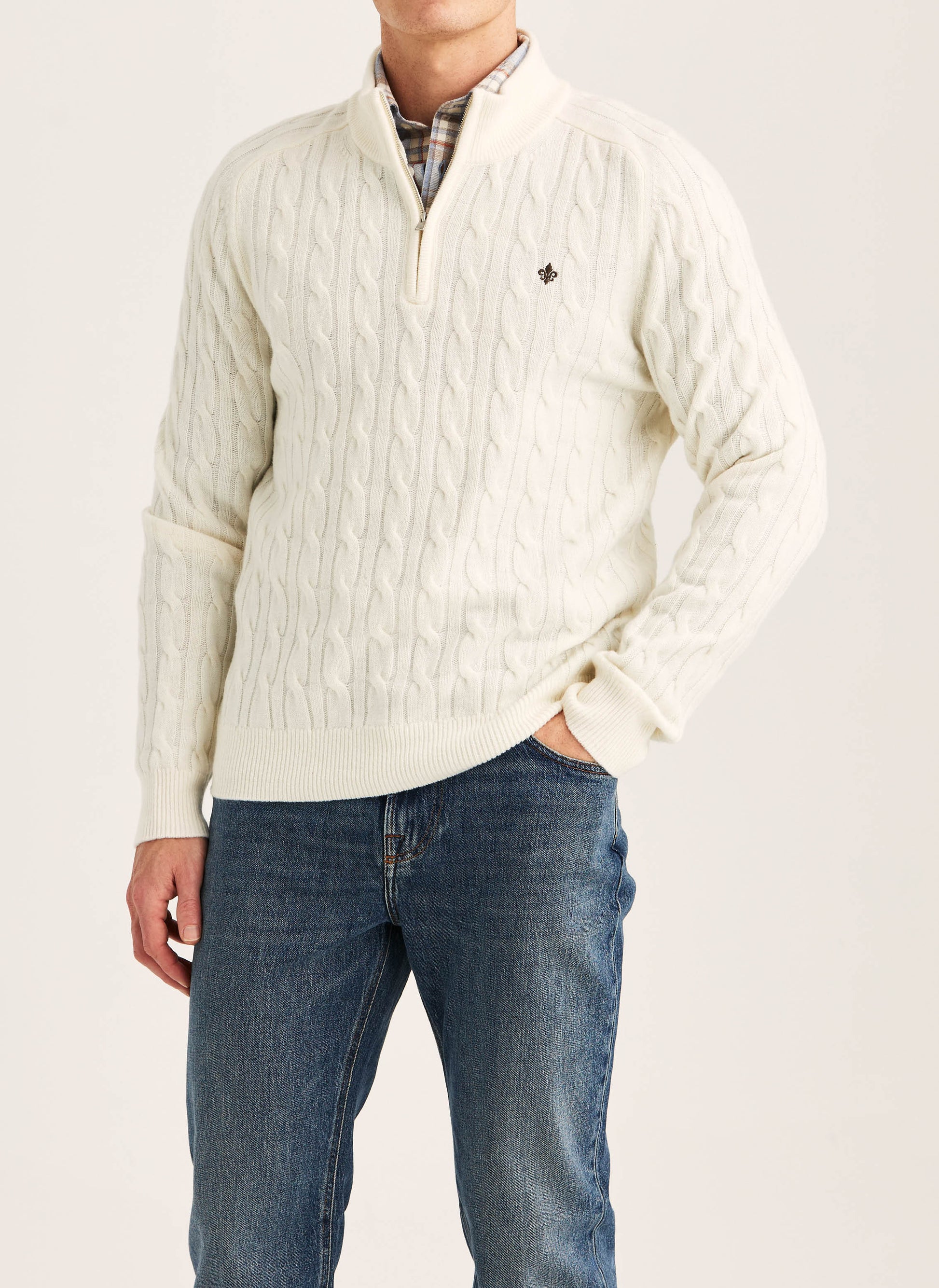 tröja knit sweater morris hertford cable half zip kabel stickad dragkedja krage off white vit fri frakt stenungsund
