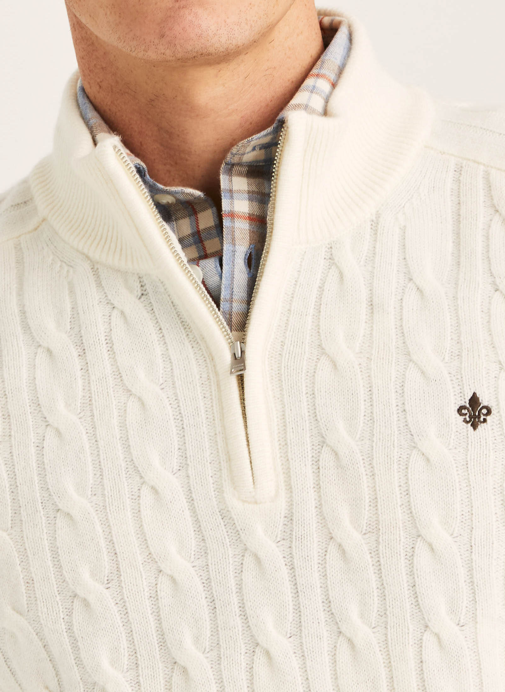 tröja knit sweater morris hertford cable half zip kabel stickad dragkedja krage off white vit fri frakt stenungsund