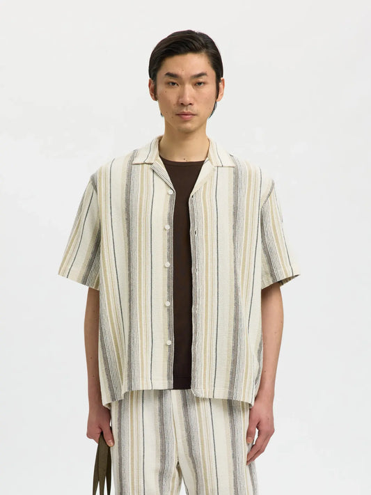 skjorta shirt selected homme carl ss shirt resort cuba krage randig egret brown multi sommar skjorta