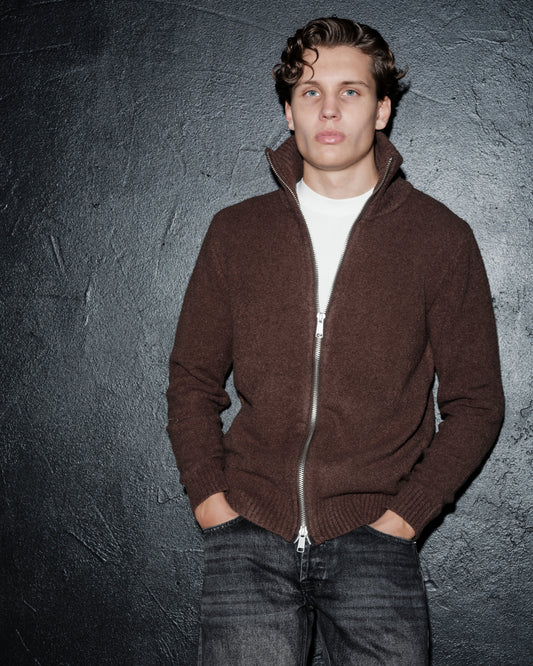 tröja knit marcello zip knit brand island cardigan dragkedja sweater brown brun fri frakt stenungsund