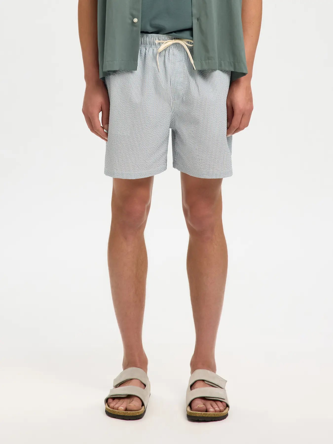 shorts badshort swim shorts Cooper seersucker swimshorts selected homme badbyxor randiga blue mirage blå white vit