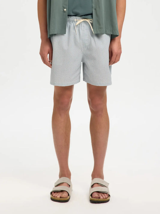 shorts badshort swim shorts Cooper seersucker swimshorts selected homme badbyxor randiga blue mirage blå white vit