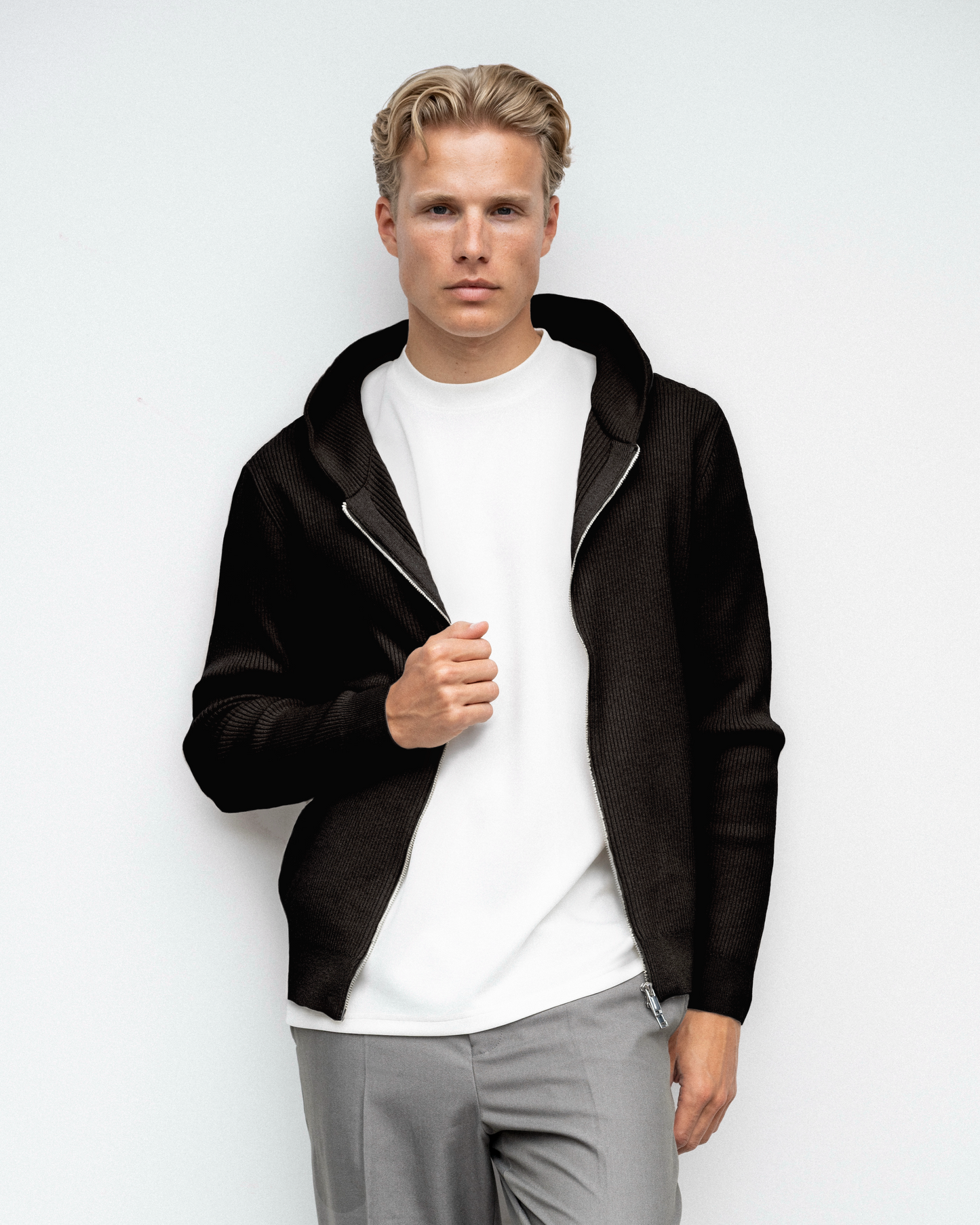 tröja hood miyagi hoodie knit brand island zip dragkedja black svart