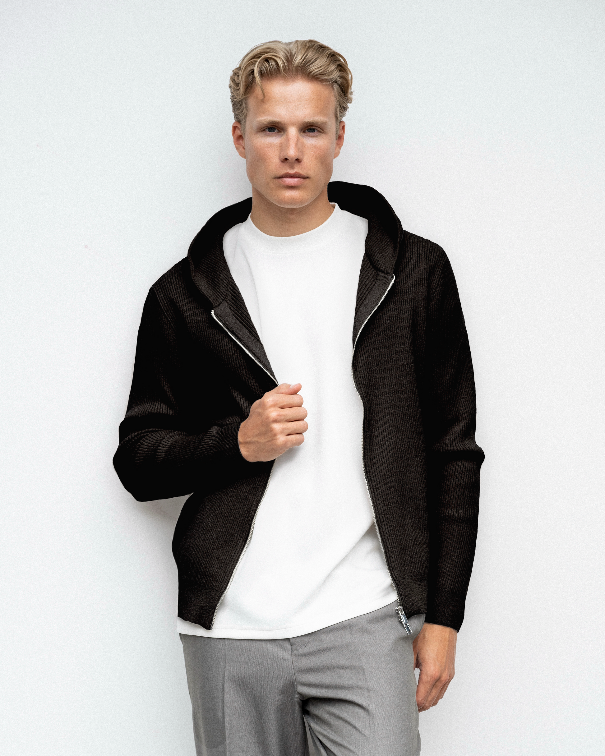 tröja hood miyagi hoodie knit brand island zip dragkedja black svart