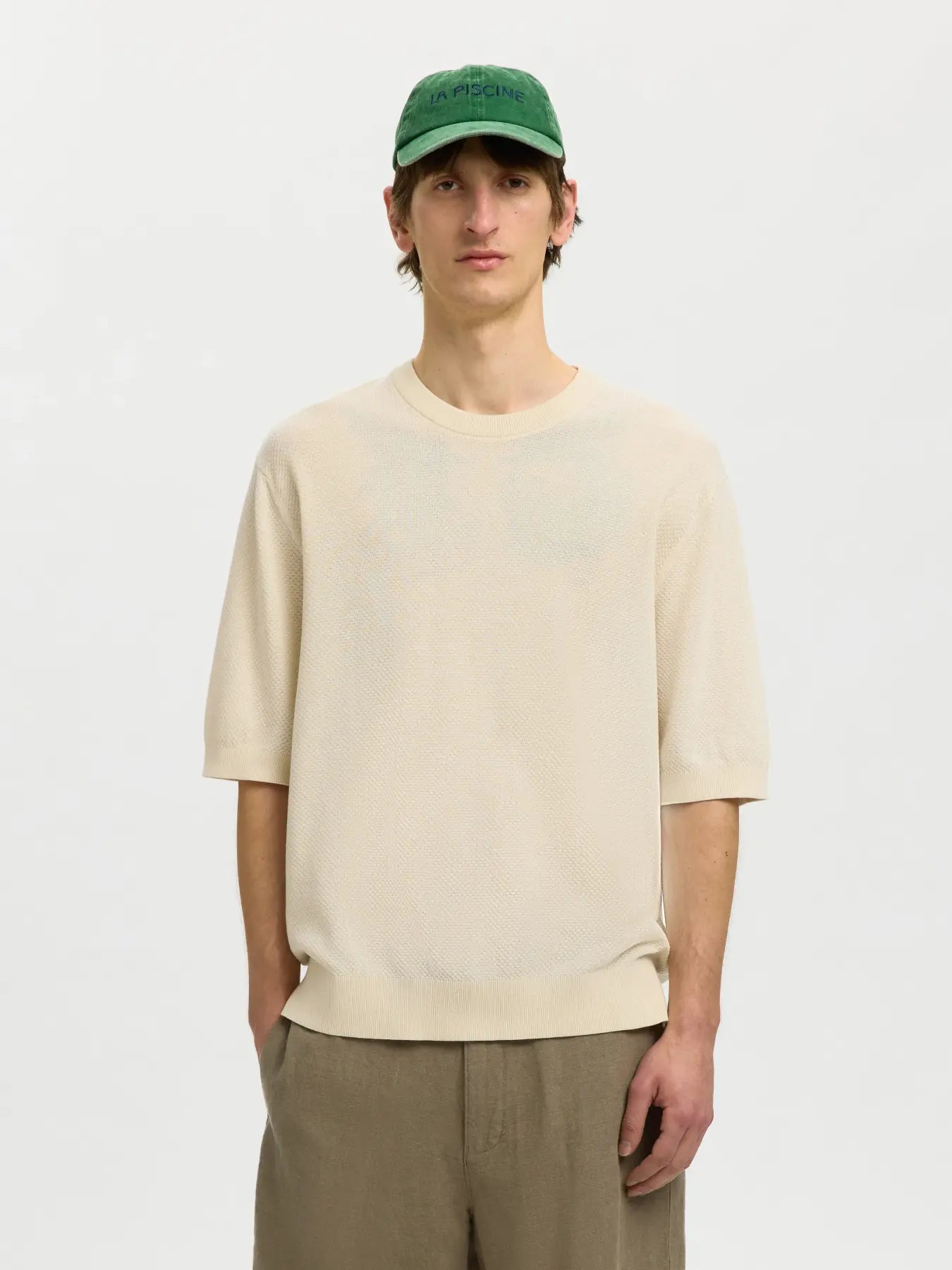 t-shirt selected homme torino ss relaxed structure crew neck tee stickad brich sand beige stenungsund