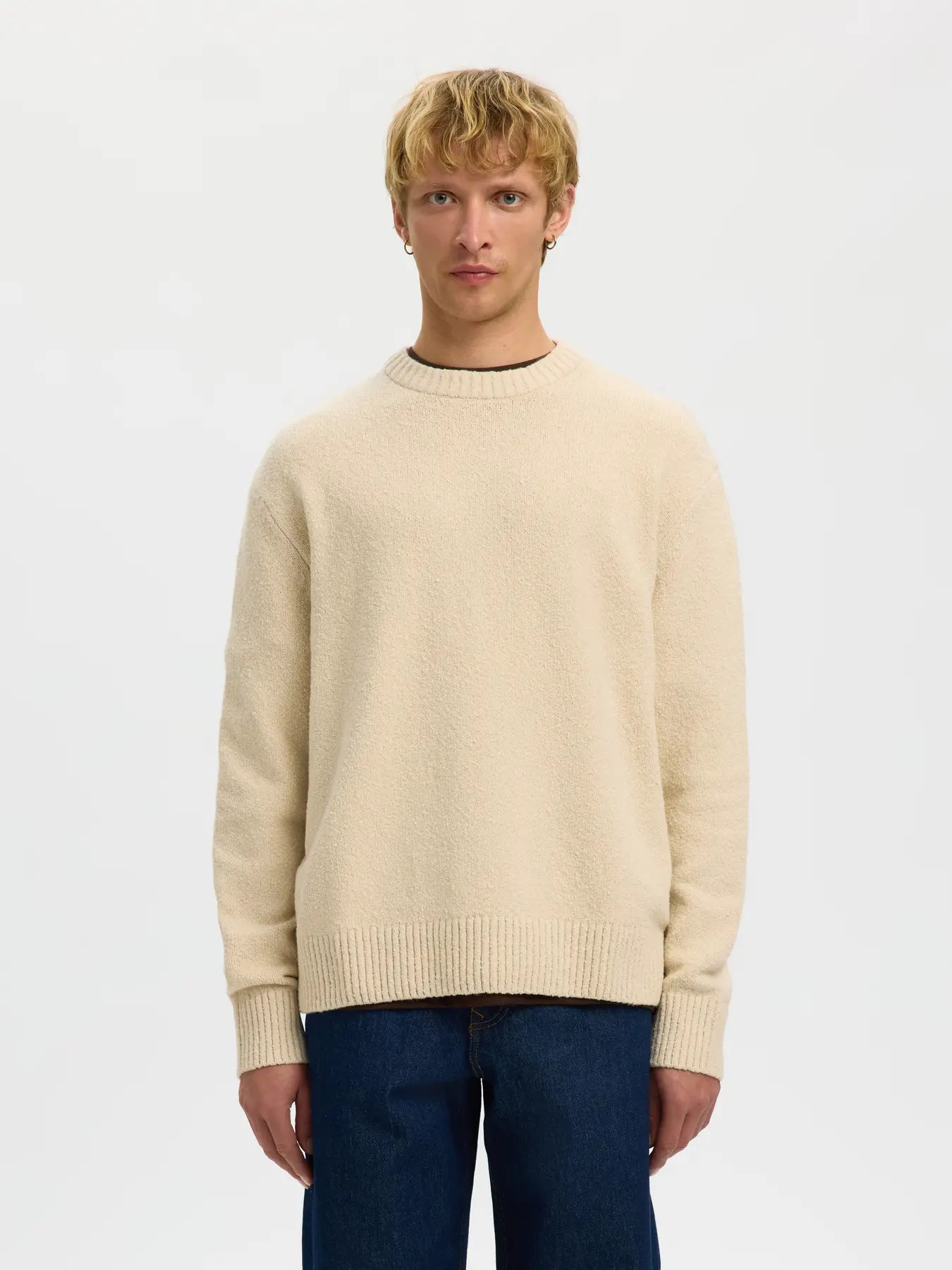 tröja selected homme alex knit crew neck sweater stickad oatmeal sand beige
