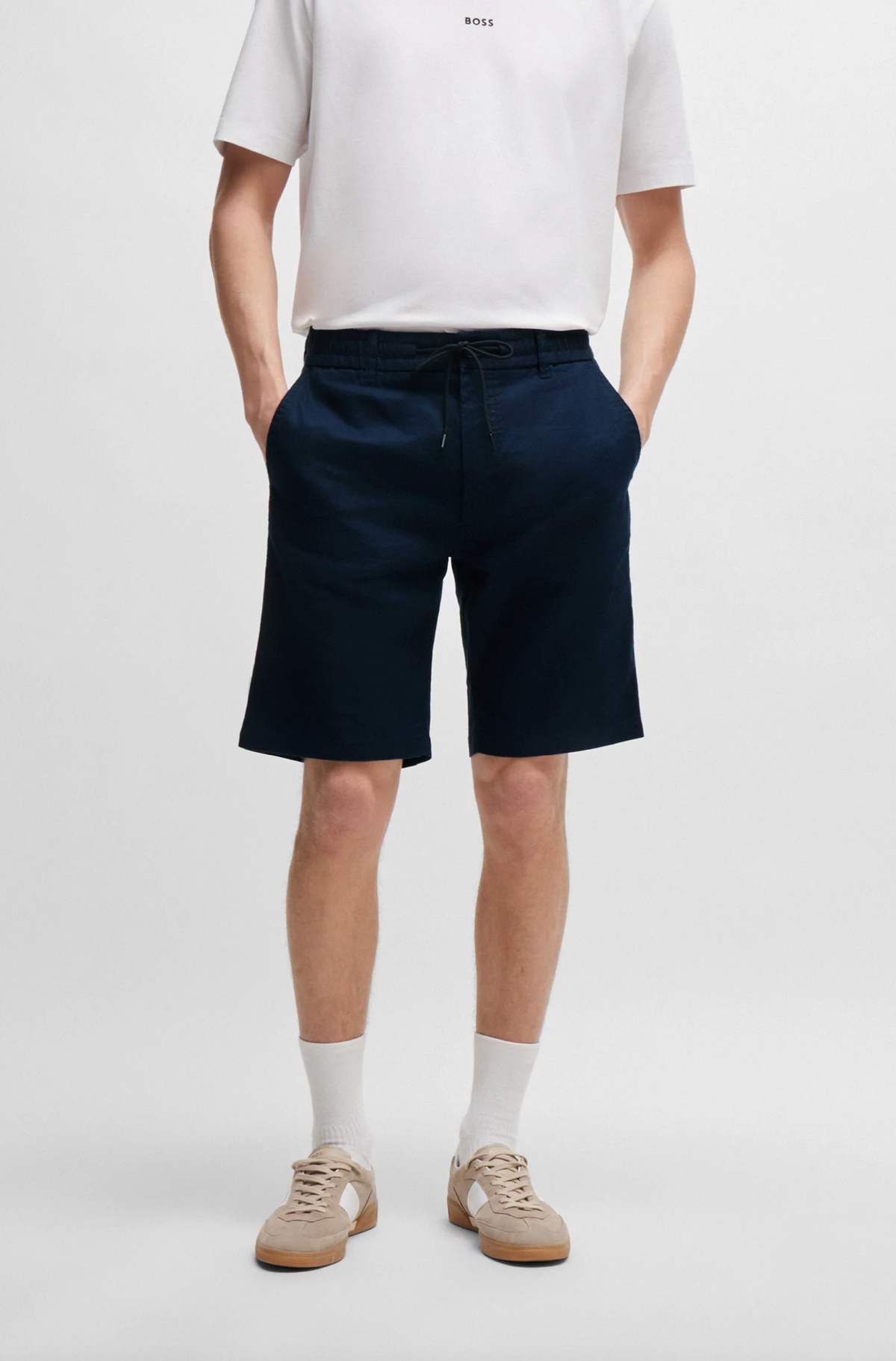 shorts boss chino tapered hugo boss linne linen dark blue navy blå