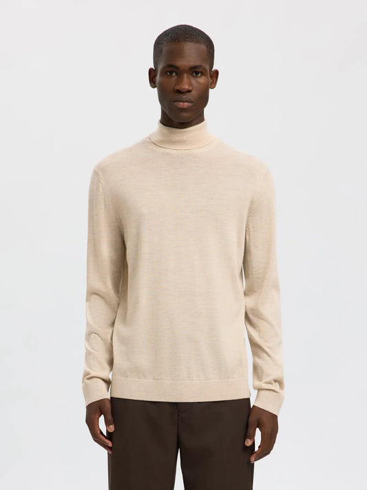 tray ls knit merino roll neck selected homme polotröja ull merinoull oatmeal sand beige