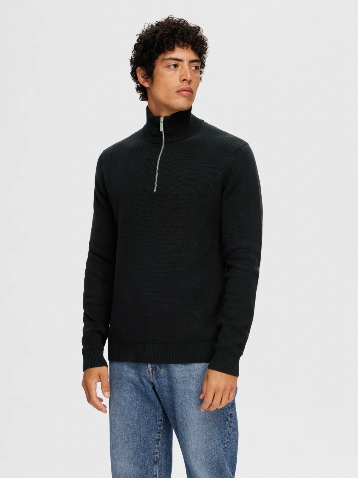 dane ls knit structure half zip selected homme tröja knitwear krage dragkedja bomull black svart