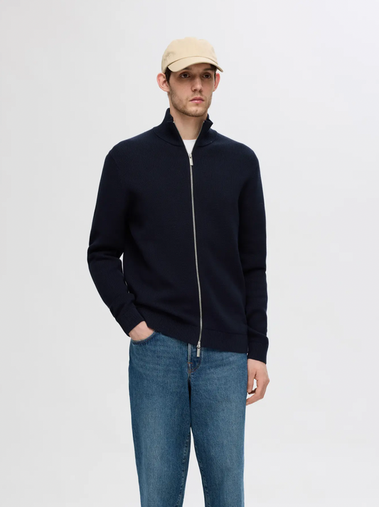 dane ls knit structure full zip selected homme tröja cardigan dragkedja bomull sky captain navy blue blå