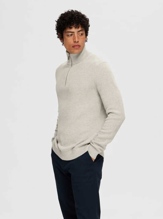 dane ls knit structure half zip selected homme tröja knitwear krage dragkedja bomull light grey grå ljusgrå